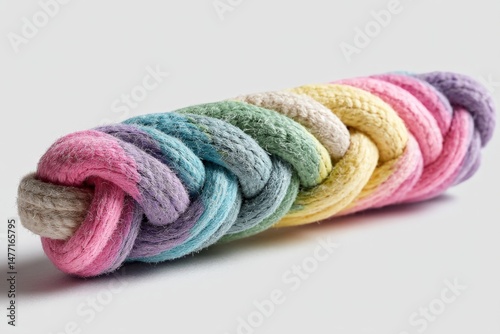 Colorful braided rope toy for pets on neutral background