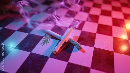 A close-up image of a chessboard surface scattered with cannabis buds and ground marijuana.