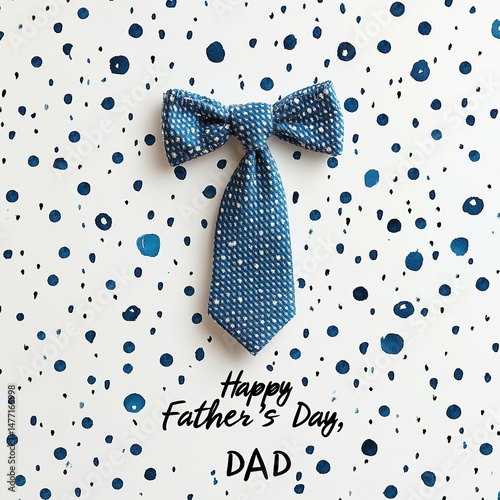 Father's Day Card Template - Minimalist Blue Polka Dot Tie Vector, White Background with Text 