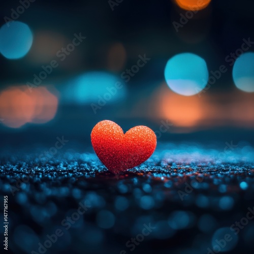 Red glitter heart on dark surface bokeh background love romance Valentine's Day close up studio shot
