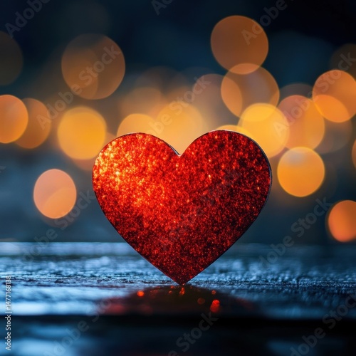 Sparkling Red Heart on Wood Surface with Bokeh Lights Valentine's Day Concept Close Up Studio Shot
