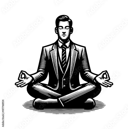 Businessman Meditating in Lotus Position with Calm Expression in Black and White Engraving