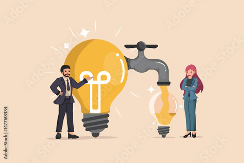 The Flow of Innovation and Idea Generation Art Depicting Business People Drawing New Ideas from a Source Represented by a Light Bulb Tap..