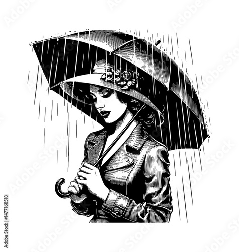 Woman holding umbrella in the rain with elegant hat and coat in detailed black and white drawing