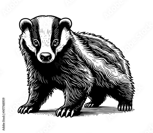 Detailed Black and White Engraving of a Badger Standing and Looking Forward