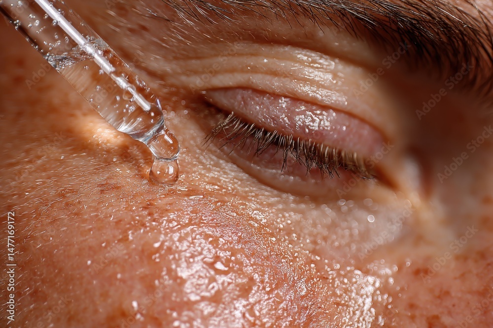 Fototapeta premium Close-up of serum application near eye with dropper, showcasing skincare routine, moisture, hydration, and personal care