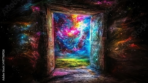 Artistic portal to vibrant nebula with starry sky in surreal dark chamber of cosmic dreams
