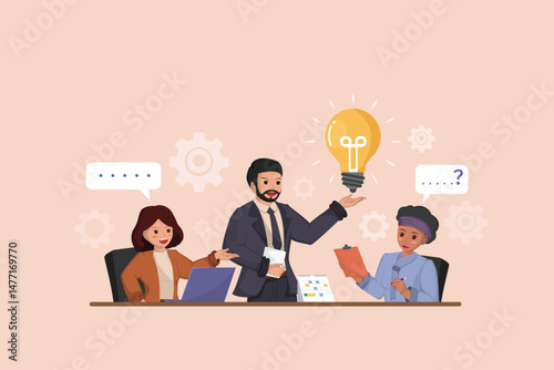 Collaborative Brainstorming and Idea Generation in a Business Meeting Illustration of Three Professionals Discussing Ideas, Symbolized by a Glowing Light Bulb.