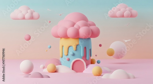 Pastel Cloud House: A Whimsical 3D Render of a Dreamy Landscape