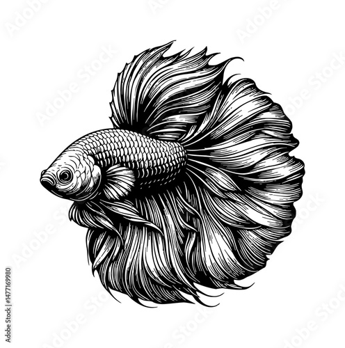 Detailed Black and White Engraving of a Siamese Fighting Fish with Flowing Fins