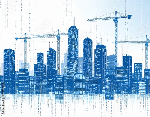 Cities and construction crane industry being visualized as part of data digitalization of business intelligence upon construction business