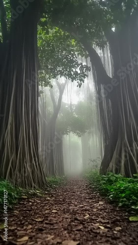 Misty forest path with towering trees and foliage