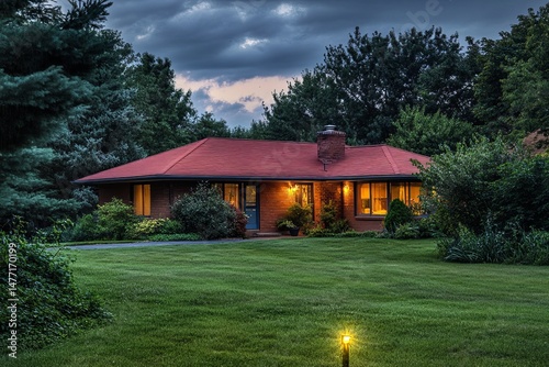 Charming red-roof house with glowing lights at dusk in lush green suburban yard photo