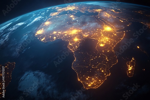 Global network view of Earth at night showing illuminated city lights across Africa and Europe