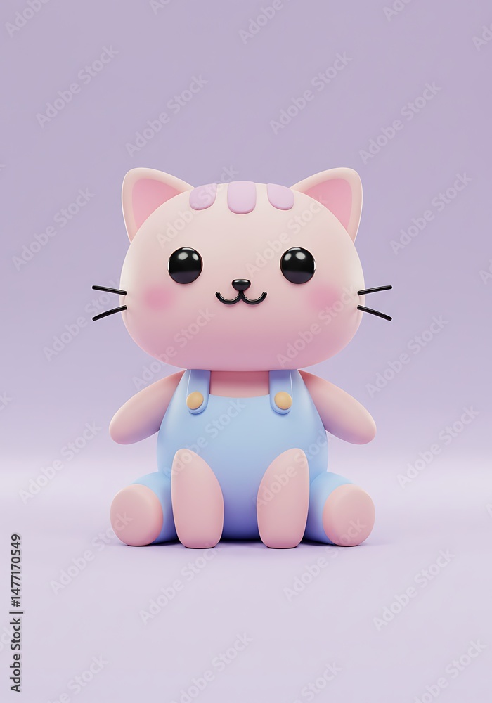 Naklejka premium Cute Pink Kitten in Blue Overalls, 3D Render