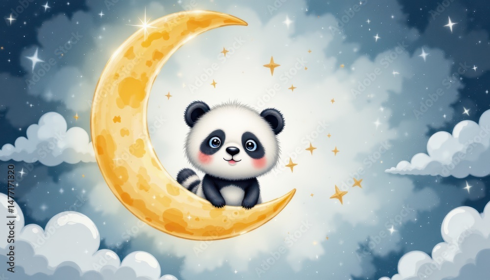 Fototapeta premium Adorable panda bear relaxing on the crescent moon, a whimsical nighttime scene