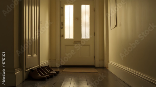 Hallway Entrance: A dimly lit hallway with a white door, wooden floor, and a pair of brown boots resting by the entrance mat. The scene evokes a sense of quiet solitude and anticipation.