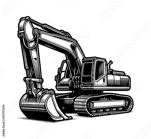 Detailed Excavator Illustration with Bold Black and White Outlines and Intricate Details