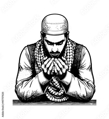 A Muslim Man Praying with Beads in Hand with Serious Expression in Black and White Engrave Style