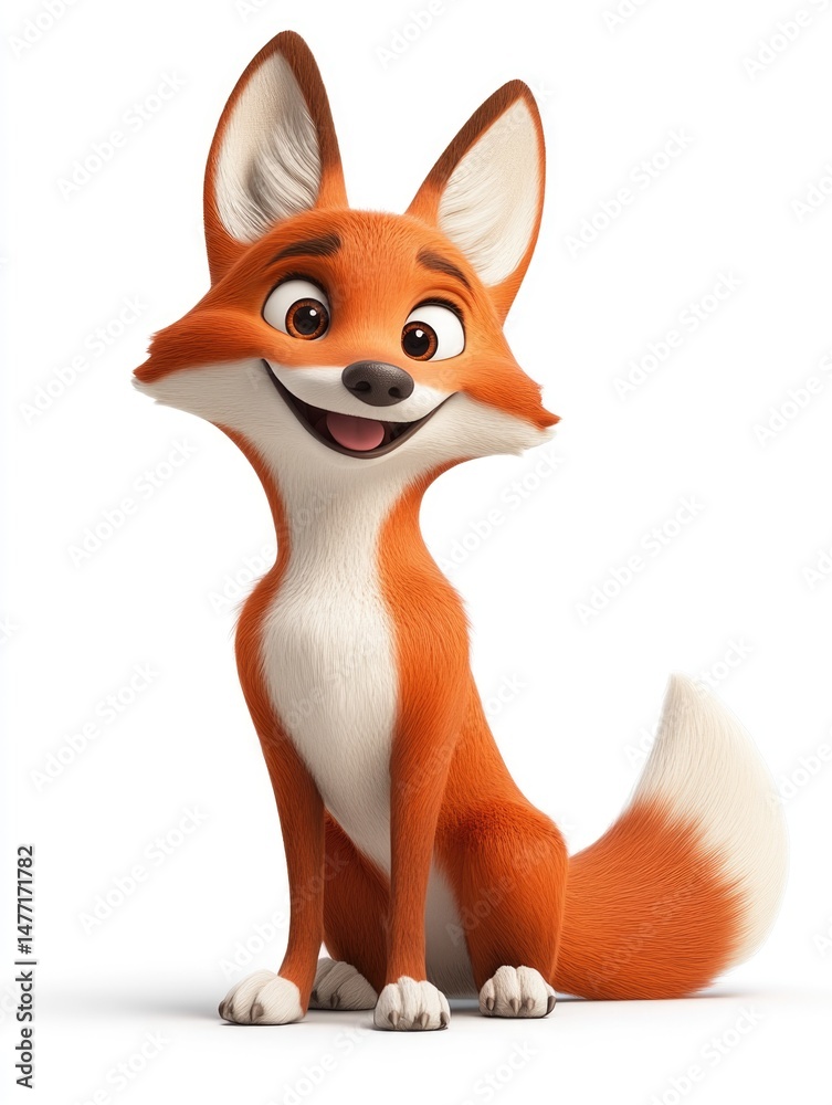 Fototapeta premium 3D cartoon fox character with bright orange fur and friendly smile sitting isolated on white background