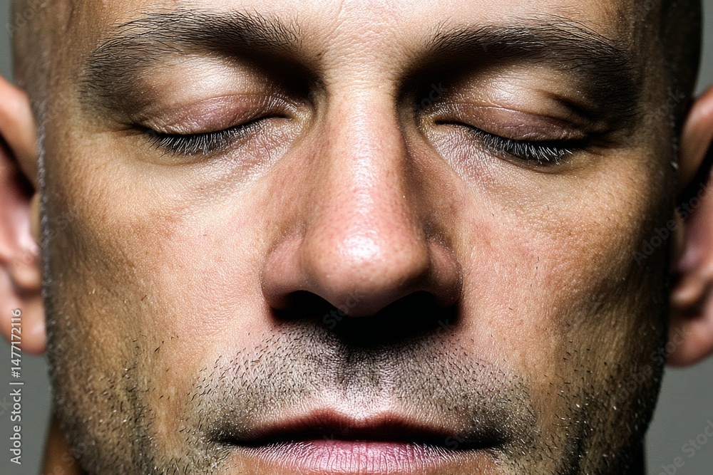 Obraz premium Intense close-up of a man with closed eyes and a serene expression