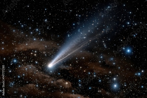 A brilliant comet streaks across a star-filled sky, leaving a luminous trail, symbolizing the beauty and mystery of the cosmos, capturing the adventurous spirit of exploration.