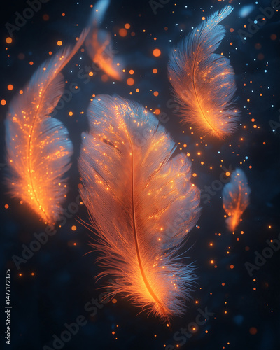 Floating glowing feathers in the air, sparkles and celestial light, soft dreamy mood