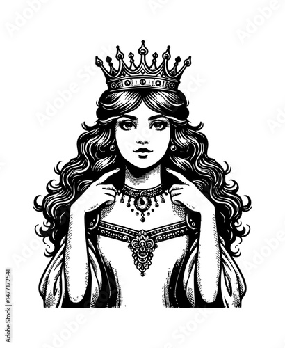 Elegant Queen with Crown and Jewelry in Detailed Black and White Engraving Style Illustration