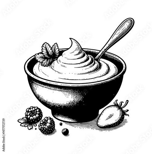 Detailed Black and White Engraving Illustration of Bowl with Cream, Raspberries, Mint, and Strawberry