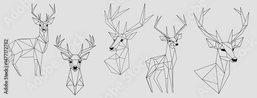 Set vector minimalistic abstract illustration of deer origami, forest animals using simple geometric shapes. Suitable for printing, wallpaper, digital projects. Hand drawn reindeer