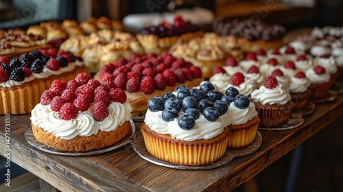 Wallpaper Mural Assorted Fruit Tarts and Cupcakes Displayed on Wood Surface Torontodigital.ca