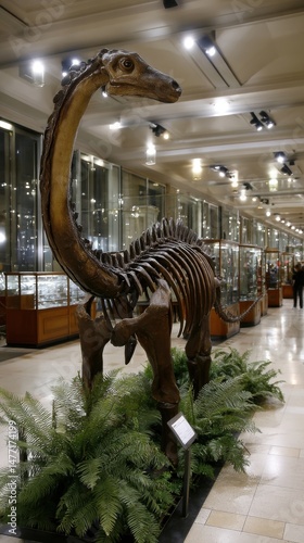 Dinosaur skeleton fossil exhibit inside museum paleontology education science extinct ancient history fern plants learning center