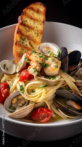 Delicious Seafood Pasta with Garlic Bread A Close Up of a Gourmet Dish.