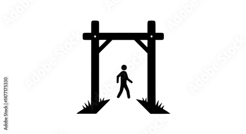 Person at gate background black and white icon