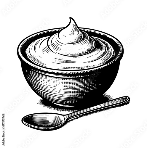 Bowl of Creamy Yogurt or Sour Cream with Spoon in Detailed Black and White Illustration