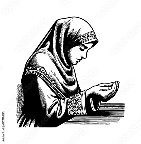 Muslim Woman in Hijab Praying with Hands Open in Engraved Black and White Line Art