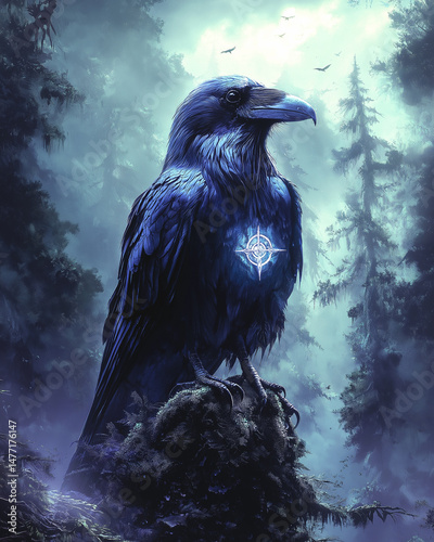 A raven holding a glowing talisman in its beak, misty forest background, dark fantasy style 
