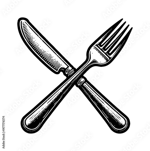 Engraved Crossed Knife and Fork Utensils for Culinary or Restaurant in Black and White Style
