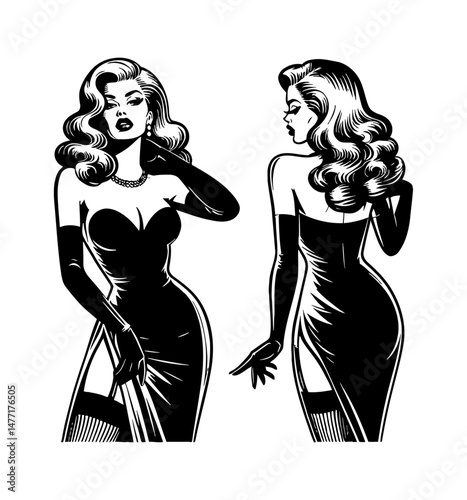 Elegant Woman in Black Dress Posing with Vintage Hairstyle in Retro Fashion Illustration