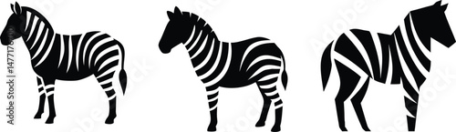Stylized Zebra Silhouette Vector Set with Abstract Stripe Designs