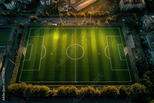 Aerial view of a football pitch showcasing a green field with white markings near urban buildings during the golden hour sunlight