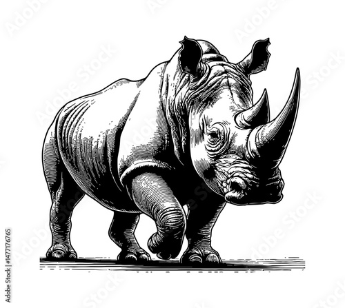 Detailed Black and White Engraving of a Rhino Walking with Striking Horn