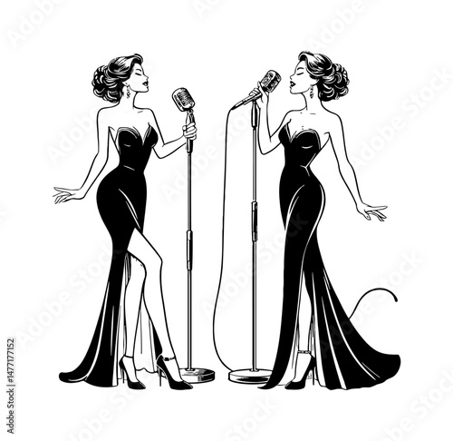 Two Women Singing into Microphones in Elegant Black Dresses in Black and White Line Art
