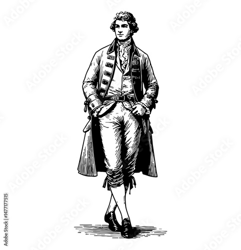 Full Body Portrait of a Man in Colonial Attire with Hands in Pockets in Engraving Art
