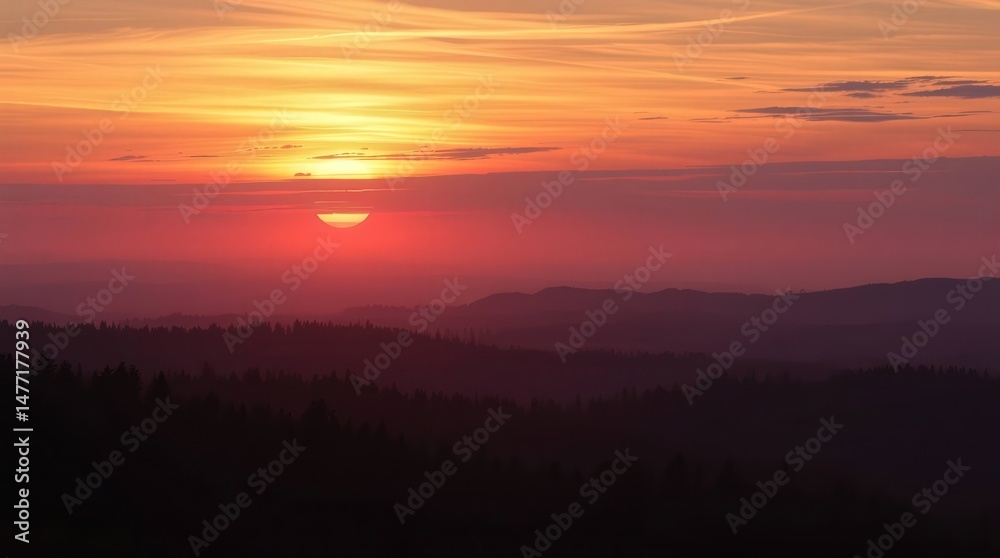 Obraz premium Serene Sunset Over Forest Silhouette with Vibrant Sky Colors