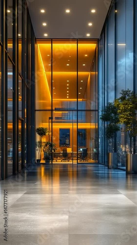 Modern office hallway with vibrant lighting and plants