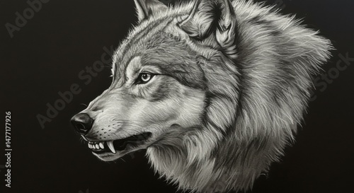 Wolf Portrait Drawing, Head Profile on Black Background