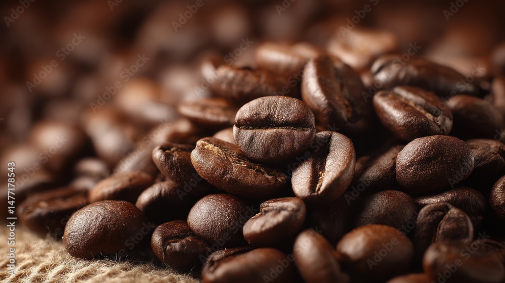 Naklejka premium Close-up of roasted coffee beans piled on burlap sack brown color.
