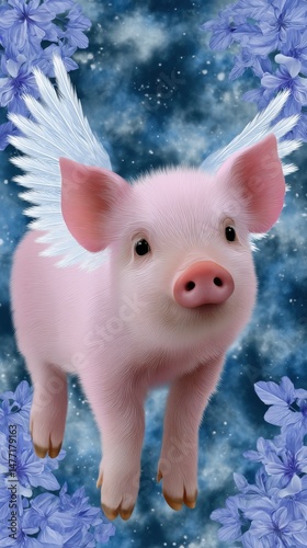 Pink piglet flies with angel wings amid blue flowers against a starry sky background