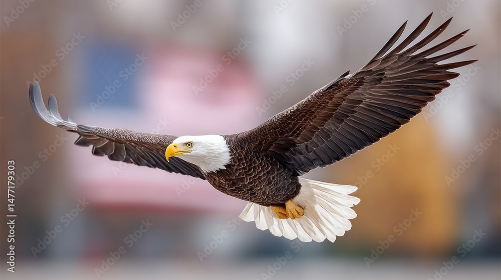 Naklejka premium A bald eagle is flying over a red, white, and blue American flag